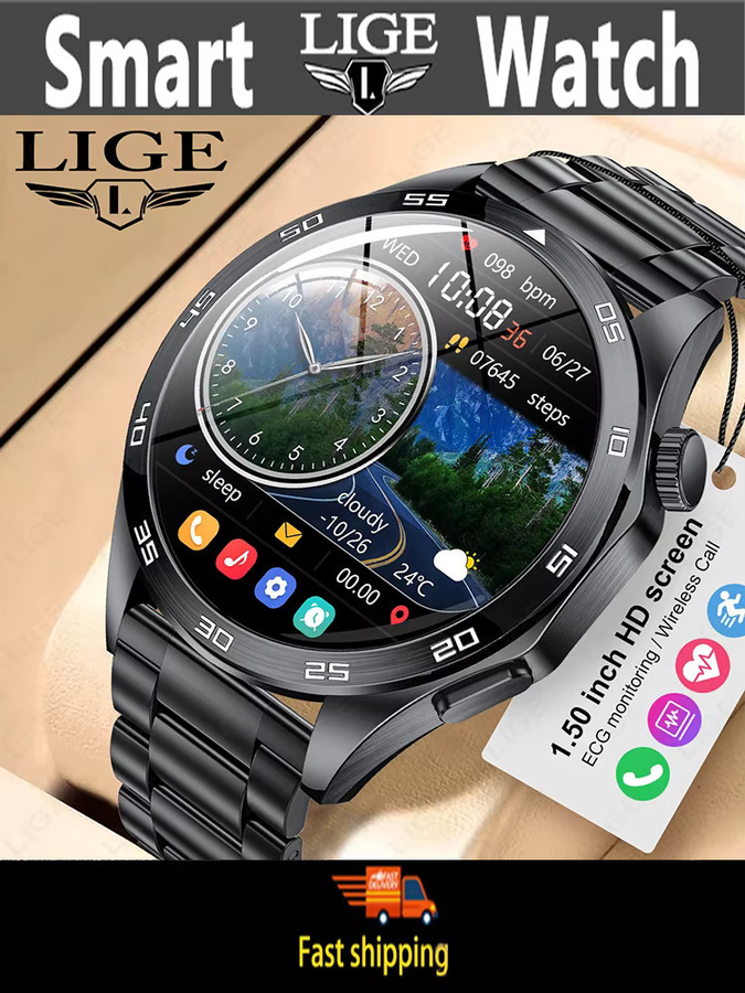 LIGE Smartwatch, Herren, Schwarz, GPS, NFC, Bluetooth, Silikon - Bild 6