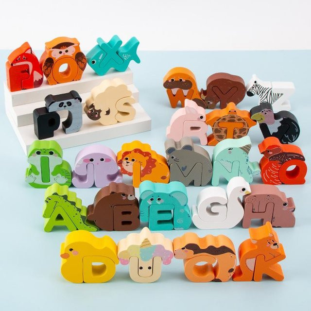 Bai Fen Bai dolls and toys Holz Kinder Cartoon Tiere 26 Englische Buchstaben Puzzle Baustein Spielzeug, bunt/mehrfarbig - Bild 1
