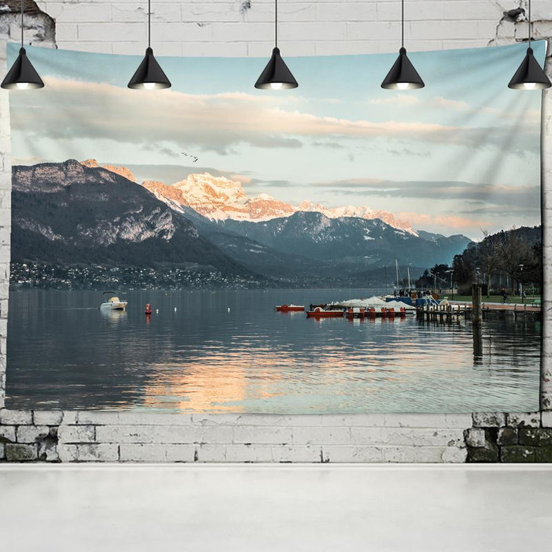 Bohemian Wandteppich mit Schneeberg-Landschaft und Fluss, mehrfarbiger Wandbehang aus Textil, B: 275 cm, H: 180 cm - Bild 1