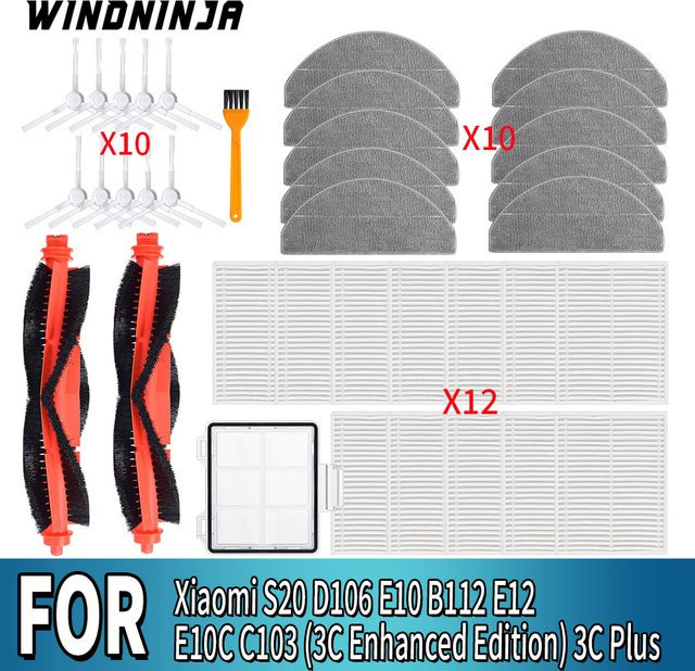 WINDNINJA Zubehör-Set für Xiaomi Staubsauger S20 D106 E10 B112 E12 C103 mit Hauptbürste, Seitenbürste, HEPA-Filter, Wischtuch und Staubbeuteln - Bild 1