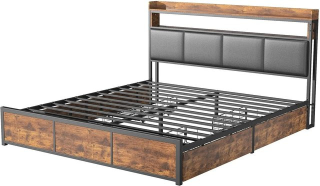 PXloue Polsterbett mit LED-Beleuchtung und Schubladen in Schwarz, B/T/H: 140 x 200 x 113 cm - Bild 1