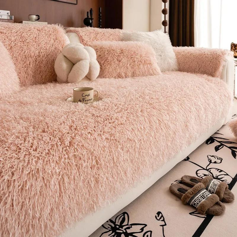 Luxuriöser Sofabezug aus Plüsch im Lammwolle-Design, rutschfester Universal-Couchbezug für das Wohnzimmer, B/B: 110 x 210 cm - Bild 2