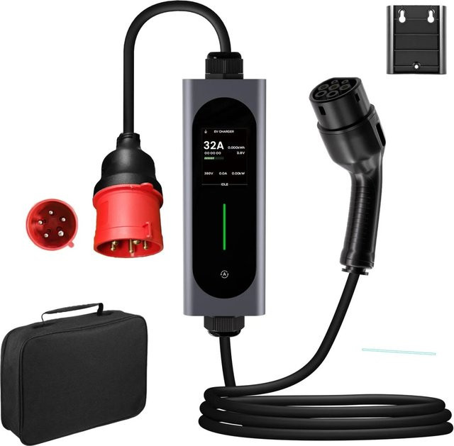 Junsun Typ 2 EV Ladegerät 22kW 3-phasig mit 6m Kabel, App-Steuerung via Bluetooth und LCD Display, Grau, Einstellbar 6-32A - Bild 1