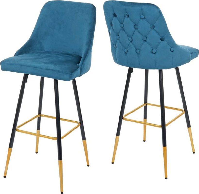 2er-Set Barhocker MCW-E70 im Retro-Design aus Samt in Petrol-Blau mit goldenen Metallfüßen - Bild 1