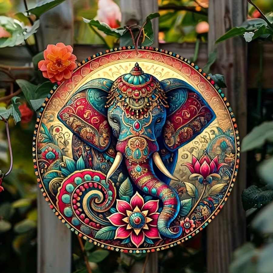Potdemiel Metall-Wandschild mit Mandala-Elefanten-Design und floralen Mustern in Multicolour, Durchmesser: 20 cm - Bild 2
