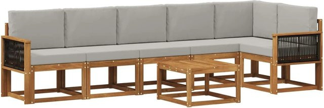vidaXL Outdoor-Sofagarnitur aus Akazienholz und Polyester in L-Form, 7-teiliges Set, Braun und Hellgrau - Bild 1