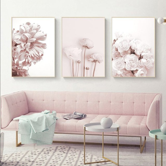 TPFLiving Luxus Poster Leinwand Set mit floralem Blumenmotiv in Pink und Weiß, 3er Set, B: 30 cm, H: 42 cm - Bild 1