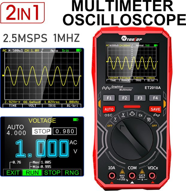 TOOLTOP ET2010A 2-in-1 Digitaloszilloskop-Multimeter 1 MHz 2,5 MSps Laboroszilloskop in Rot - Bild 1
