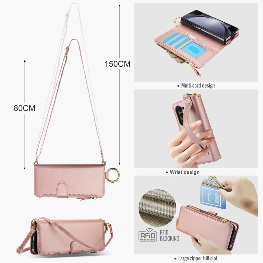 Leder-Handyhülle mit Reißverschluss und Kartenfach für Samsung Galaxy Z Fold 7, 6, 5, 4, 3 in Weiß mit Armband, Ringhalter und Ständer-Funktion - Bild 5