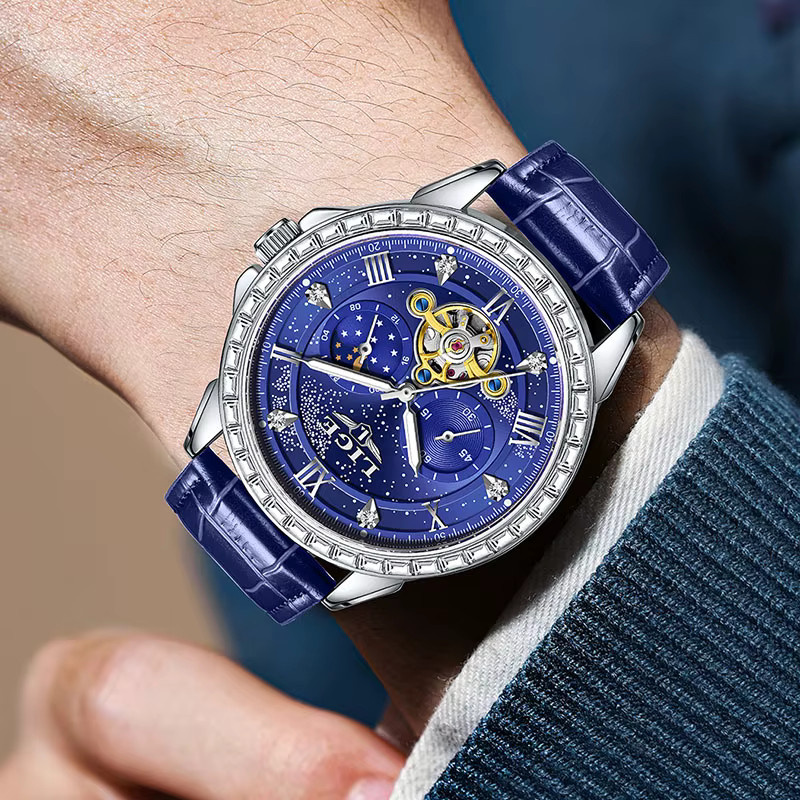 LIGE Armbanduhr, Automatik, Leder, Blau, Herren - Bild 5