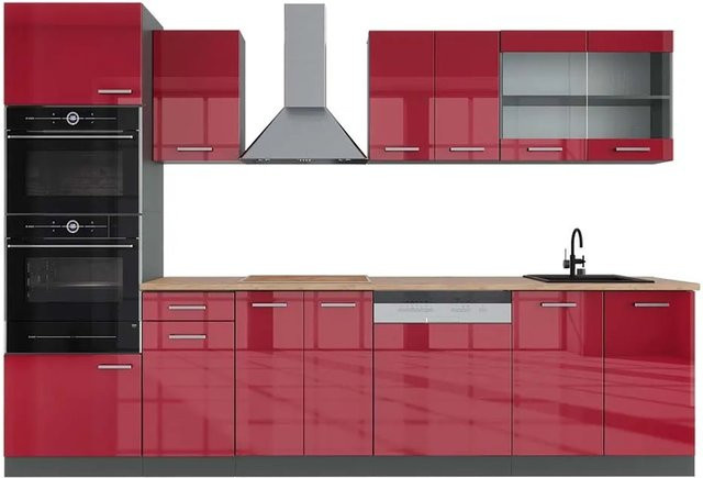 Vicco R-Line Küchenzeile Bordeaux Hochglanz und Anthrazit mit Hochschrank Eiche, Breite: 300 cm, Höhe: 207 cm, Tiefe: 60 cm - Bild 1