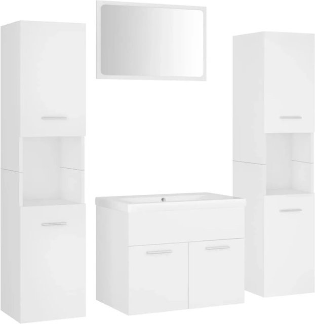 vidaXL Badmöbel-Set Weiß aus Holzwerkstoff mit Waschbeckenunterschrank, Hochschrank und Spiegel - Bild 1