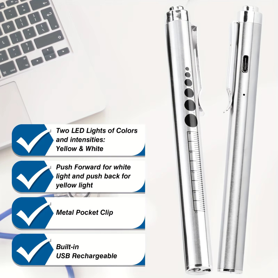 POCKETMAN 2-in-1 LED Medizinische Taschenlampe, Wiederaufladbare Diagnose-Stiftlampe zur Pupillenanzeige aus Metall - Bild 2