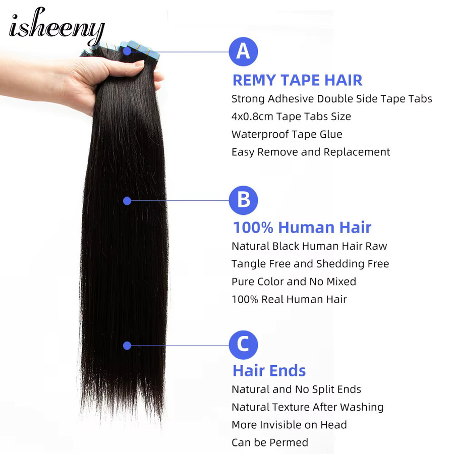 Isheeny Tape In Echthaarverlängerungen, Yaki Straight, 20 Stück - Bild 3