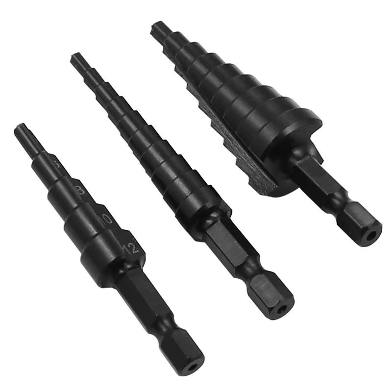 QSTEXPRESS Pagodenbohrer-Loch-Set aus Schnellarbeitsstahl mit Sechskantgriff und gerader Nut, schwarz, Durchmesser 3–12 mm, 4–12 mm und 4–20 mm - Bild 3