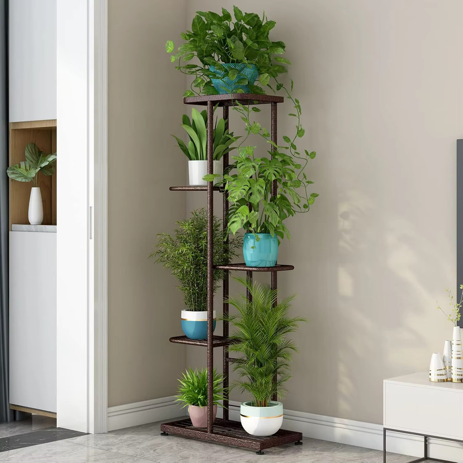 HGTUGO Blumentopfständer aus Metall, 5-stöckiges Pflanzenregal in Braun Matt für Garten und Balkon - Bild 2