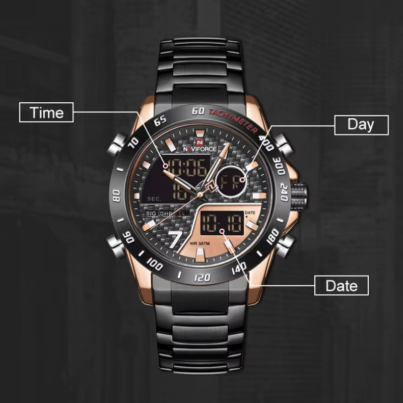 NAVIFORCE Armbanduhr, Quarz, Analog-Digital, Edelstahl, Schwarz, Herren - Bild 3