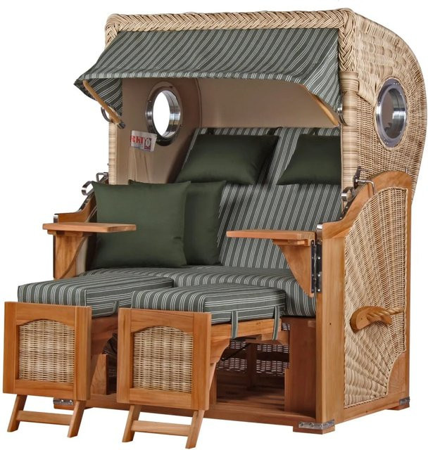 Bene Living Strandkorb Komplettset Ammersee aus Teak mit Bullauge und PE Shell in Braun und gestreiftem Design - Bild 1