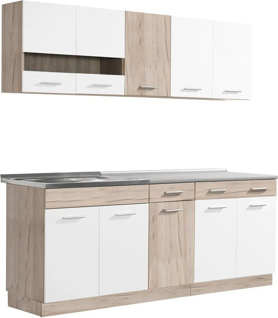 Homestyle4u Küchenzeile modern in Eiche Matt und Grau mit Glastüren, Breite: 200 cm, Tiefe: 60 cm, Höhe: 84 cm - Bild 1