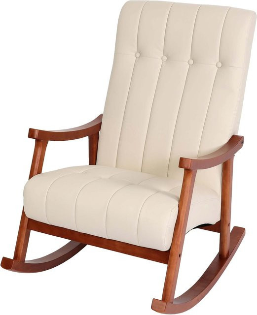 MCW Schaukelstuhl K10 Relaxsessel aus Kunstleder in Creme mit Gestell in Walnuss-Optik - Bild 1