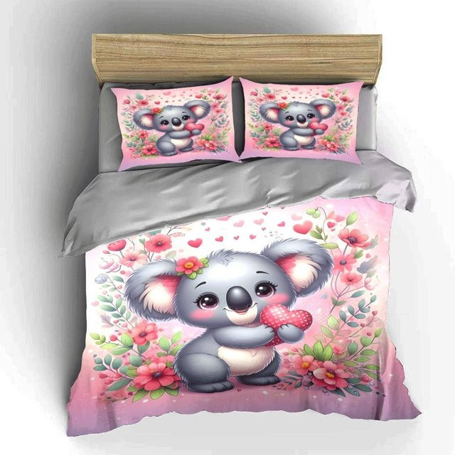 Dreiteiliges Bettwäsche-Set mit Koala- und Blumen-Motiv in Pink, Microfaser, B/H: 180 x 210 cm - Bild 1
