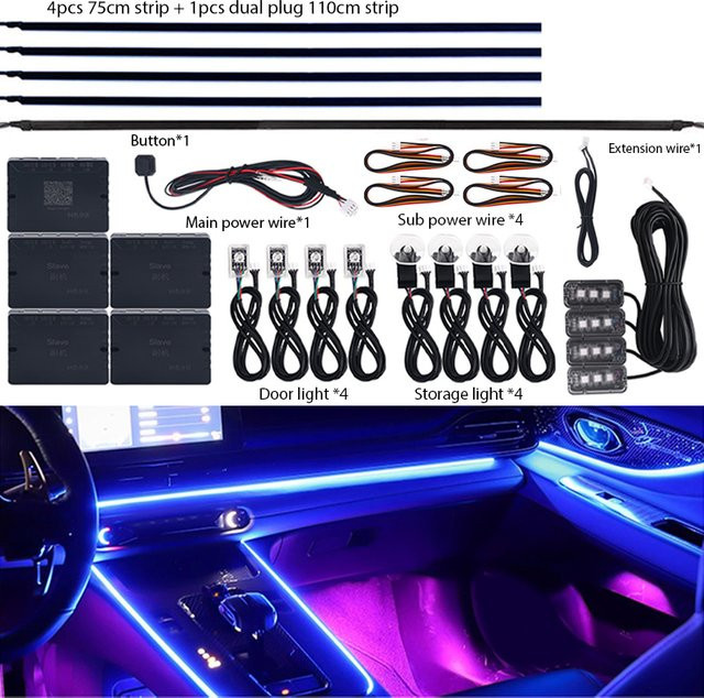 KALADA Universal 18 in 1 Dual Zone Auto Umgebungsbeleuchtung Kit mit RGB Neon LED Acryl Lichtstreifen und App-Steuerung in Multicolour - Bild 1