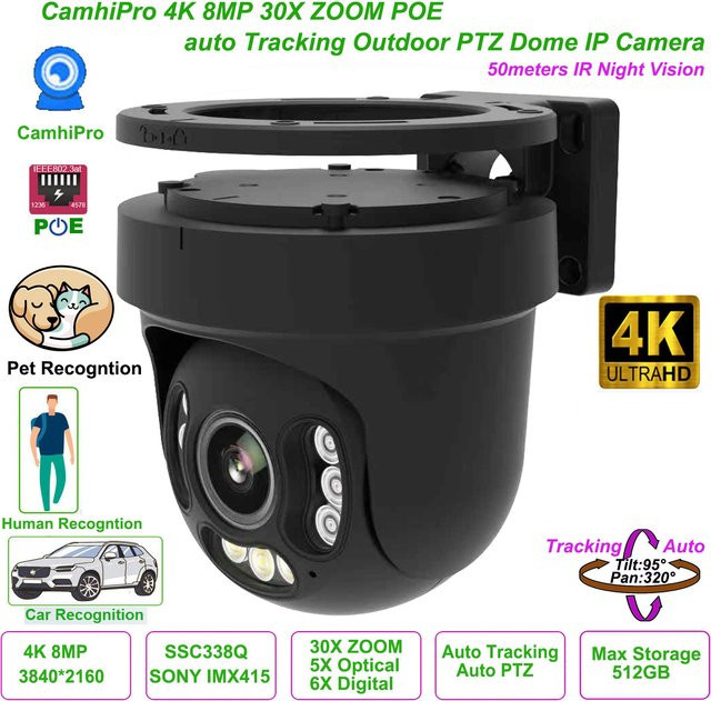 Camhipro PTZ Speed Dome IP-Kamera für Außenbereich mit 30x Zoom, 4K 8MP Auflösung, WLAN und PoE, Schwarz - Bild 1
