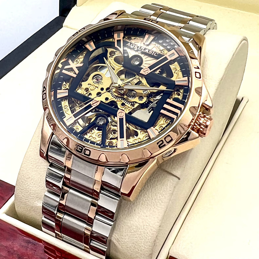 AOKULASIC Armbanduhr, mechanisch, Roségold, Edelstahl, Leder, Herren - Bild 1