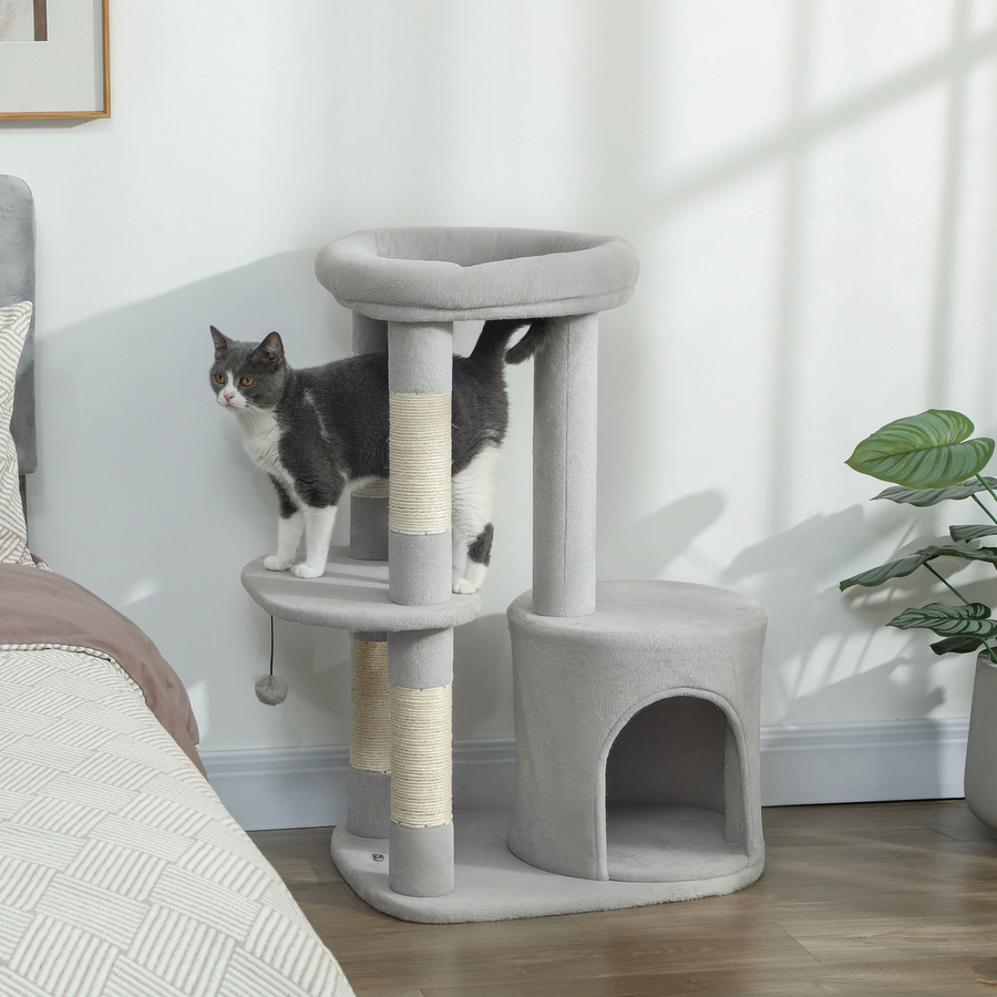 PawHut Kratzbaum Spielturm für 1-2 Katzen mit Höhle und Spielzeug, Hellgrau, Höhe: 90 cm - Bild 2