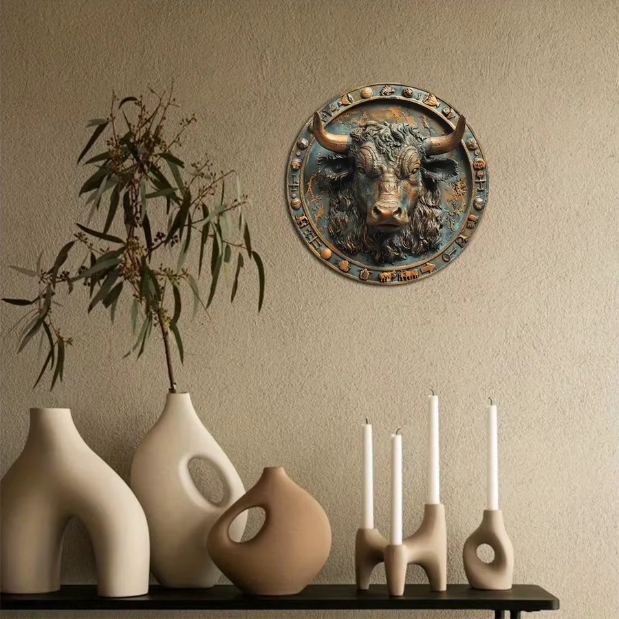 CIFBUY Vintage Sternzeichen Ochse Wandkunst aus Aluminium, rundes Metallschild für Zuhause und Büro, Durchmesser: 20 cm - Bild 3