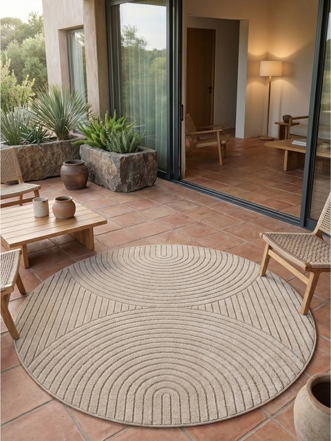 Wetterfester Outdoor-Teppich Kadima Design Skandinavisch mit 3D-Bögen in Beige, B/B: 120 x 120 cm - Bild 1