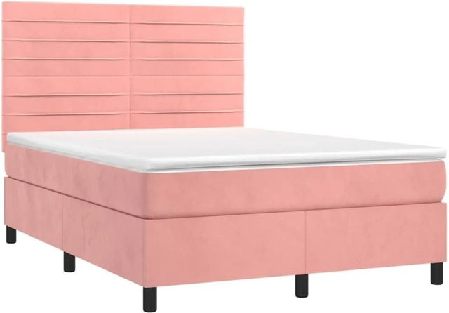 vidaXL Boxspringbett mit Matratze in Rosa, Samt, mit LED-Unterbettbeleuchtung und USB-Anschluss, B/T: 140 x 190 cm - Bild 1