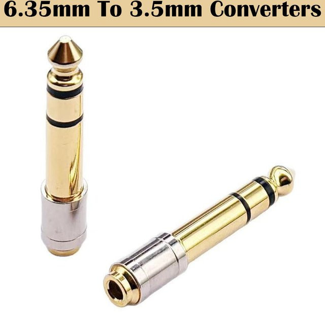 FRHY 2 Stück vergoldete Stereo-Audio-Klinkenadapter 6,35 mm auf 3,5 mm Stecker auf Buchse für Gitarre, Kopfhörer und Studioausrüstung, Farbe: Gold - Bild 1