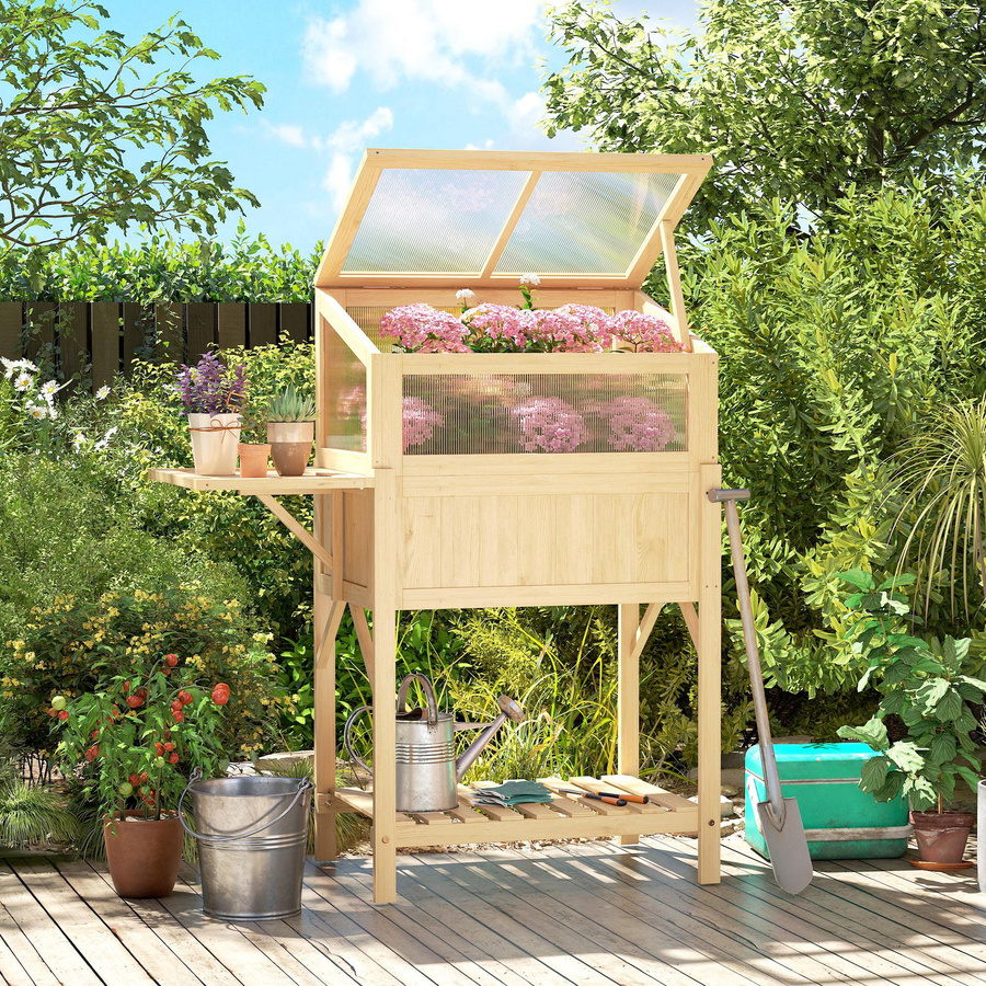 Aosom Outsunny Hochbeet mit Frühbeetaufsatz aus Holz und Polycarbonat in Naturholz, Pflanzkasten mit Gewächshaus, klappbarem Seitentisch und Ablagefach für Garten, Balkon und Terrasse, B/T/H: 104 x 50 x 120 cm - Bild 2