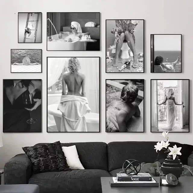 Modernes Leinwandgemälde mit Porträt einer sexy Frau in Schwarz-Weiß für deine Wandkunst - Bild 1
