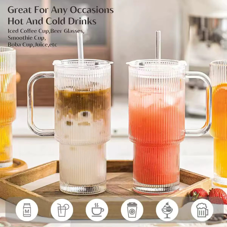 YWDL Trinkglas aus Glas mit Griff und Deckel, geripptes Tumbler-Set in Transparent, 760 ml - Bild 2