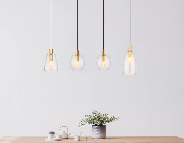 Globo Lighting Pendelleuchte 4-flammig aus Glas und Messing in Gold/Messing mit transparenten Schirmen, B/T/H: 107 x 16 x 120 cm - Bild 1