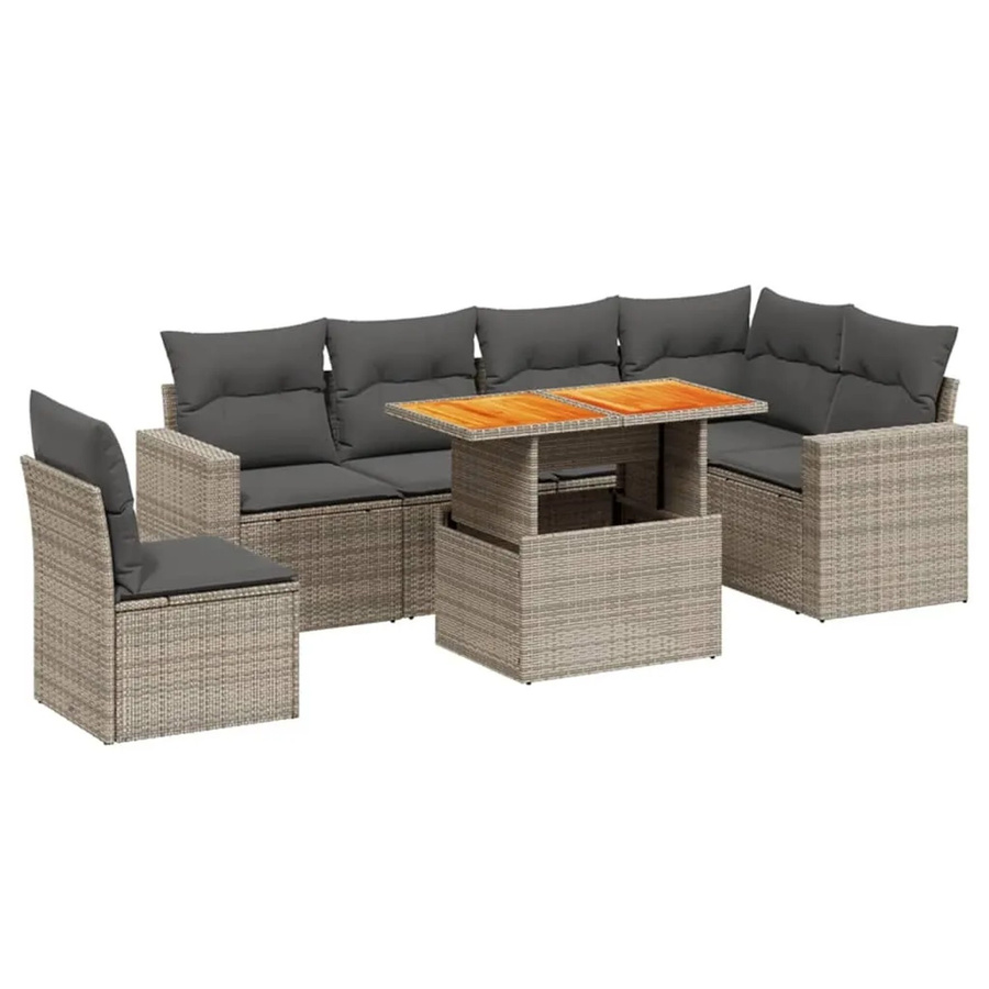 vidaXL 7-teilige Garten-Sofagarnitur in L-Form aus Polyrattan und Akazienholz in Grau mit Kissen - Bild 2