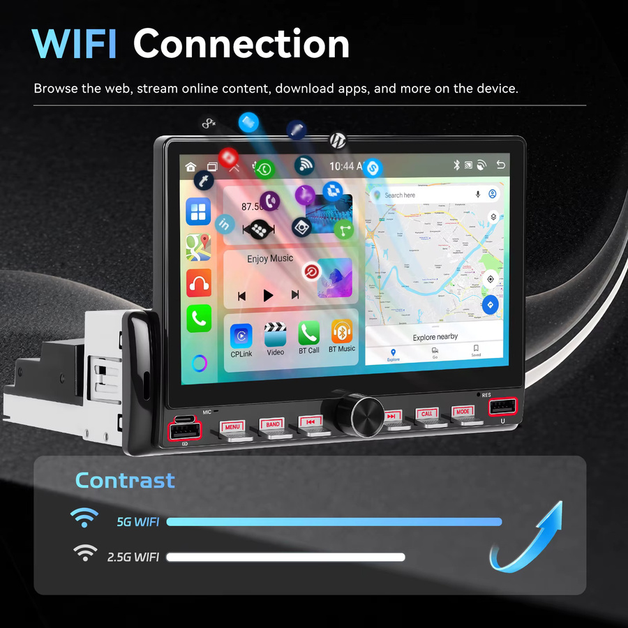 Podofo 7 Zoll Wireless Carplay Android Auto Autoradio mit 6 GB RAM und 128 GB Speicher, GPS-Navigation, Bluetooth und FM/RDS, 2-DIN Head Unit in Schwarz - Bild 4