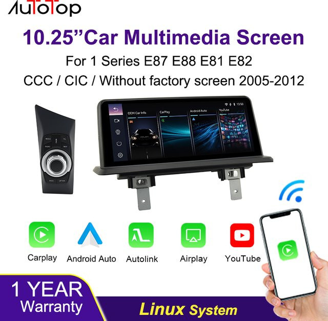 AUTOTOP 10,25 Zoll Linux Android Auto Touchscreen für BMW 1er E81 E82 E87 E88 (2005–2012) mit Carplay, Youtube und iDrive Unterstützung in Schwarz - Bild 1