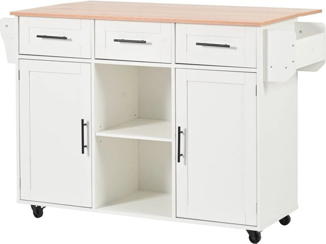 okwish Küchenwagen in Weiß mit klappbarer Arbeitsplatte, Rollen und Ablagetür für Küche und Esszimmer, B/T/H: 139 x 46 x 91,5 cm - Bild 1