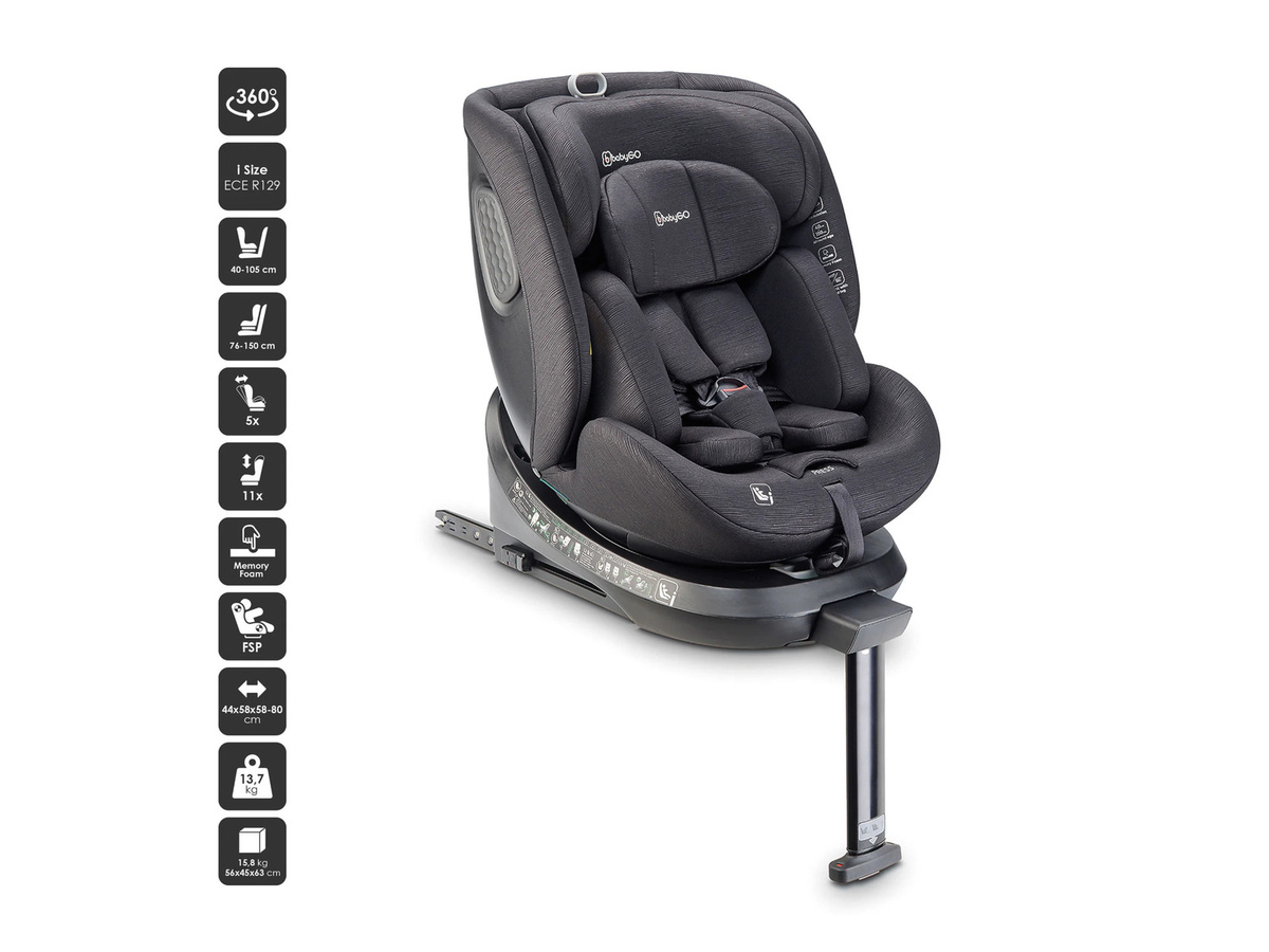babyGO Kindersitz Move 360 mit ISOFIX und Basis, Schwarz, i-Size nach UN R129 für 100 bis 150 cm Körpergröße, 360 Grad drehbar - Bild 6