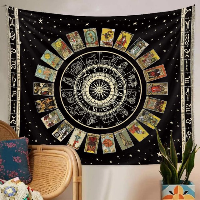 VIKAMA Vintage Astrologie-Tarot-Wandteppich mit Sternzeichen-Symbolen in Schwarz - Bild 1