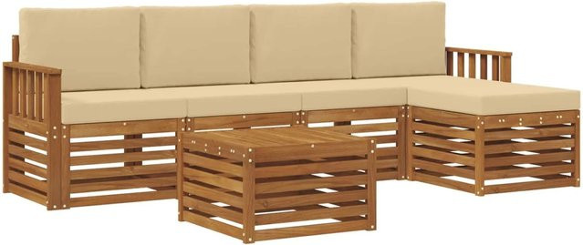 vidaXL Sofagarnitur 6-teilig aus Massivholz Akazie in Natur und Beige mit Polsterung und Armlehnen - Bild 1