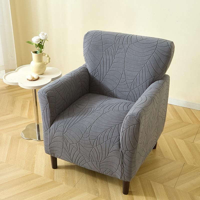 Elastischer Jacquard Ohrensesselbezug in Grau mit Blättermuster für Sessel und Clubsofas - Bild 1
