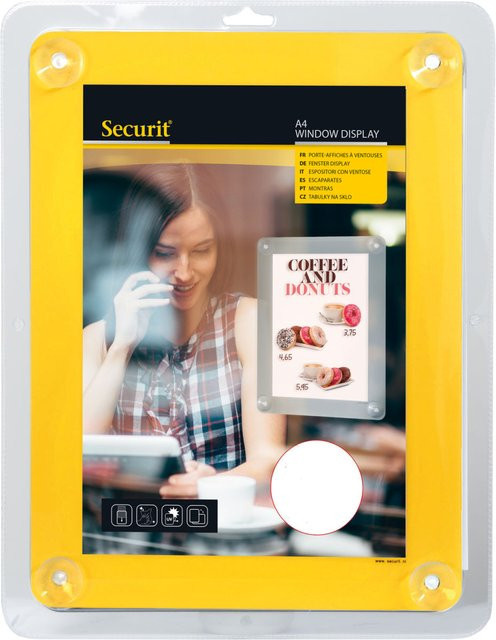 Securit Plakathalter A4 für Schaufenster mit 4 Saugnäpfen, gelb, B: 27 cm, H: 35,5 cm - Bild 1