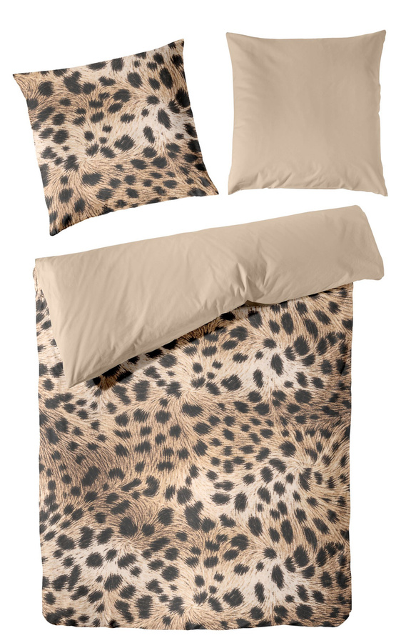 Primera Mako-Satin Bettwäsche mit Leopardenmuster in Beige und Braun, Set bestehend aus Bettbezug und Kissenbezug, Maße: B: 155 cm, H: 220 cm, Kissen: 80 x 80 cm - Bild 1