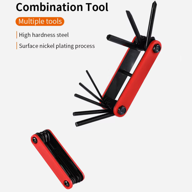 Multifunktionales 8-in-1 Mini-Fahrrad-Reparaturwerkzeug-Set aus Stahl in Rot mit Sechskant-Speichenschlüssel und faltbarem Schraubendreher - Bild 2
