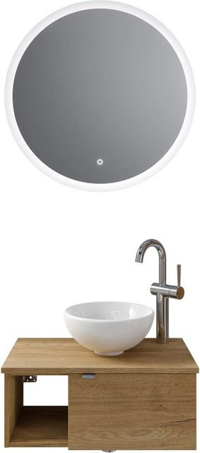 Pelipal Badmöbel-Set Halifax Serie 6915 in Eiche mit Keramik Aufsatzbecken, Waschtischunterschrank und Funktionsspiegel mit LED-Beleuchtung und Sensor-Schalter - Bild 1