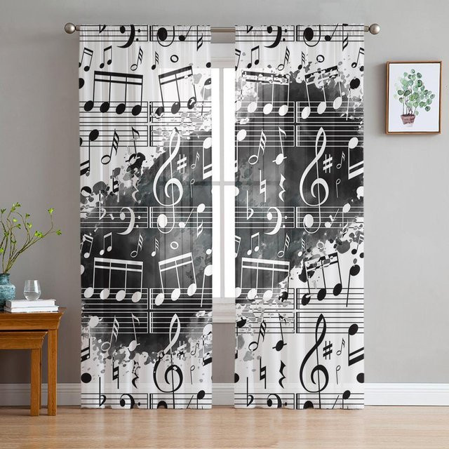 Transparente Tüll Vorhänge mit Musik Noten Aquarell Spritzer in Schwarz Weiß für Wohnzimmer und Küche, Breite: 135 cm, Höhe: 185 cm - Bild 1